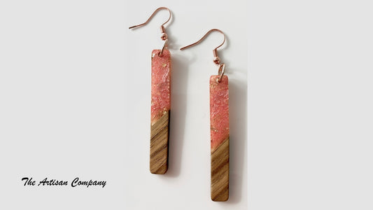 Pink Blossom Resin and Walnut Wood Earrings