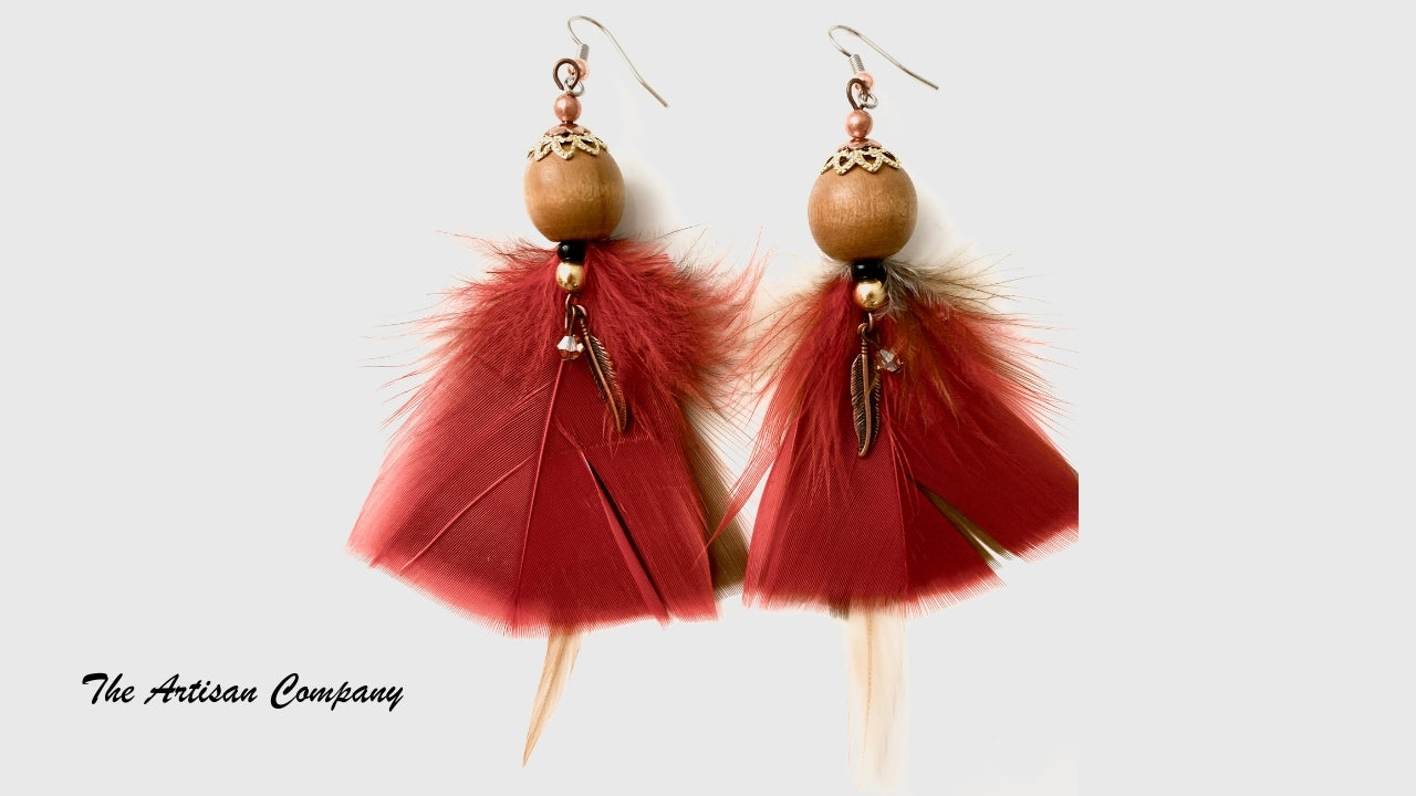 Red Feather and Wood Earrings