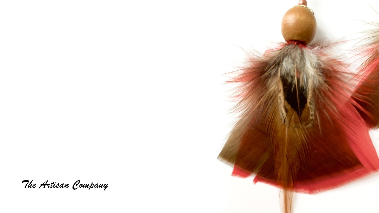 Red Feather and Wood Earrings