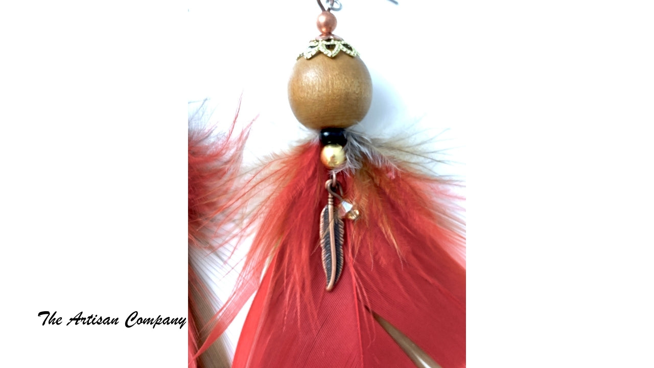 Red Feather and Wood Earrings