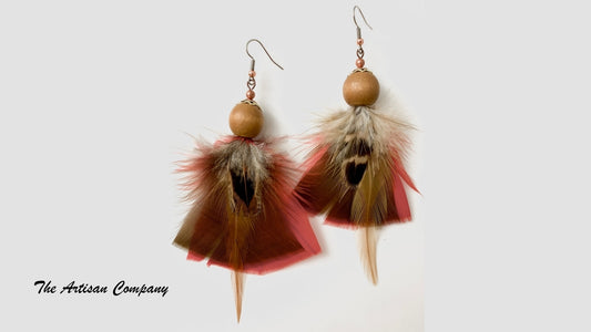 Red Feather and Wood Earrings