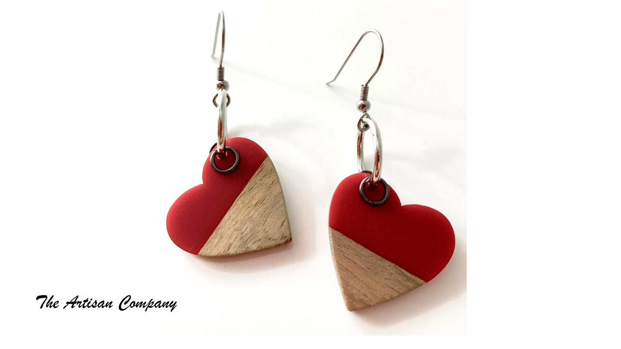 Walnut Wood and Cherry Resin Heart Earrings