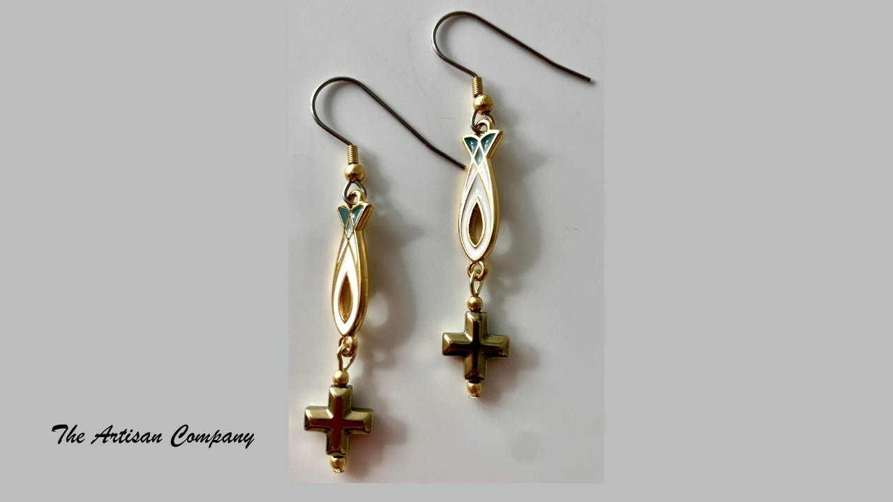 White and Sea Blue Enamel Fish Earrings