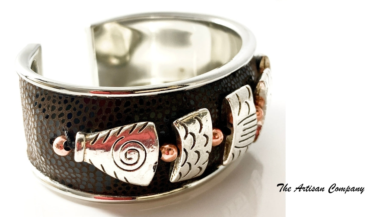 Brown Leather & Fish Cuff Bracelet