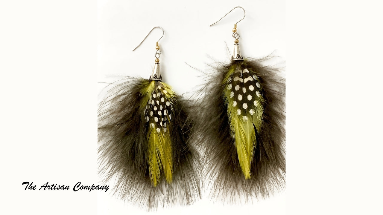 Yellow and Brown Feather Earrings with Cross