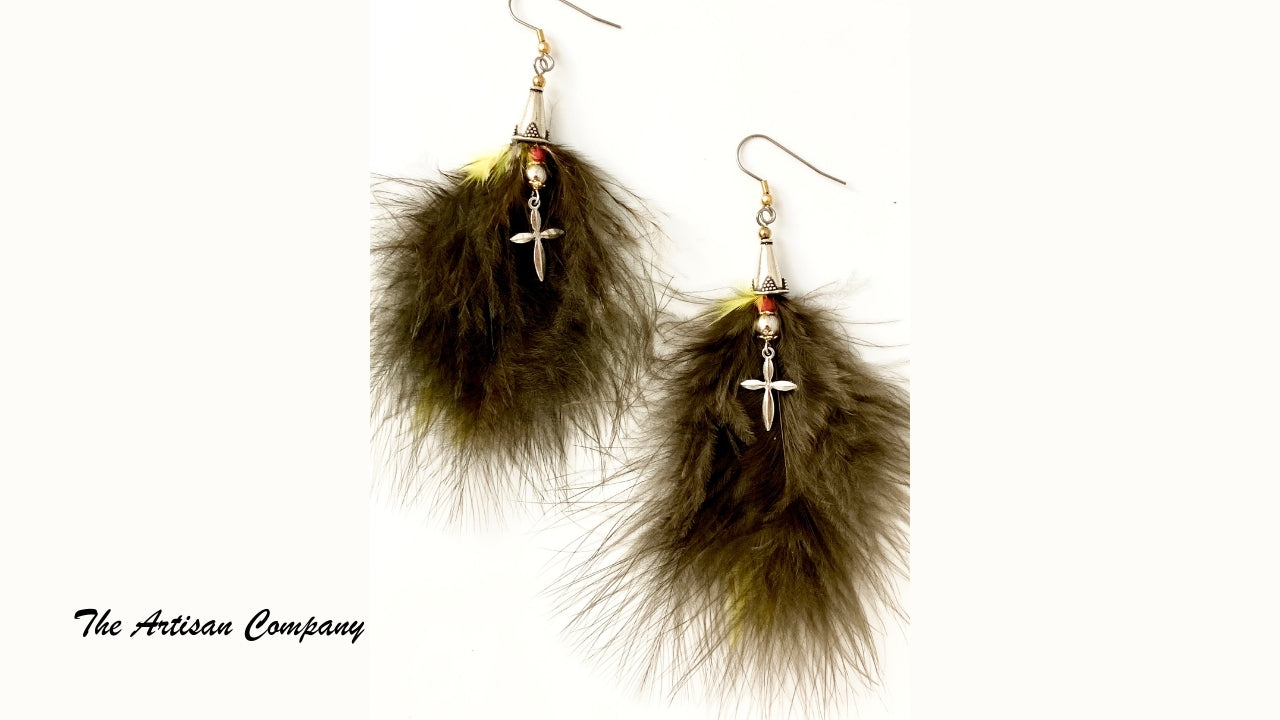 Yellow and Brown Feather Earrings with Cross