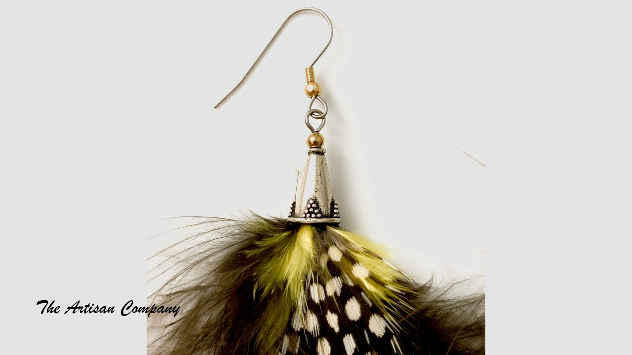 Yellow and Brown Feather Earrings with Cross