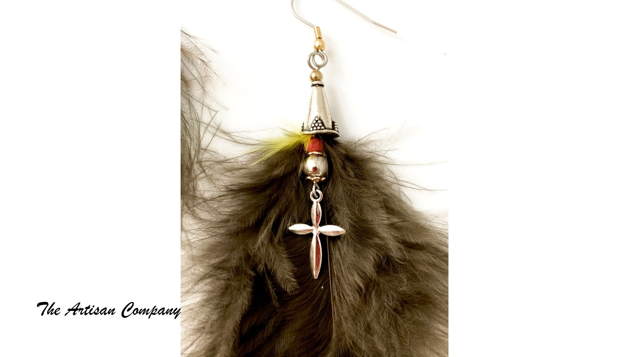 Yellow and Brown Feather Earrings with Cross