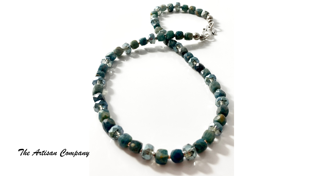 Blue Apatite Stone and Cut Glass Necklace with Earrings