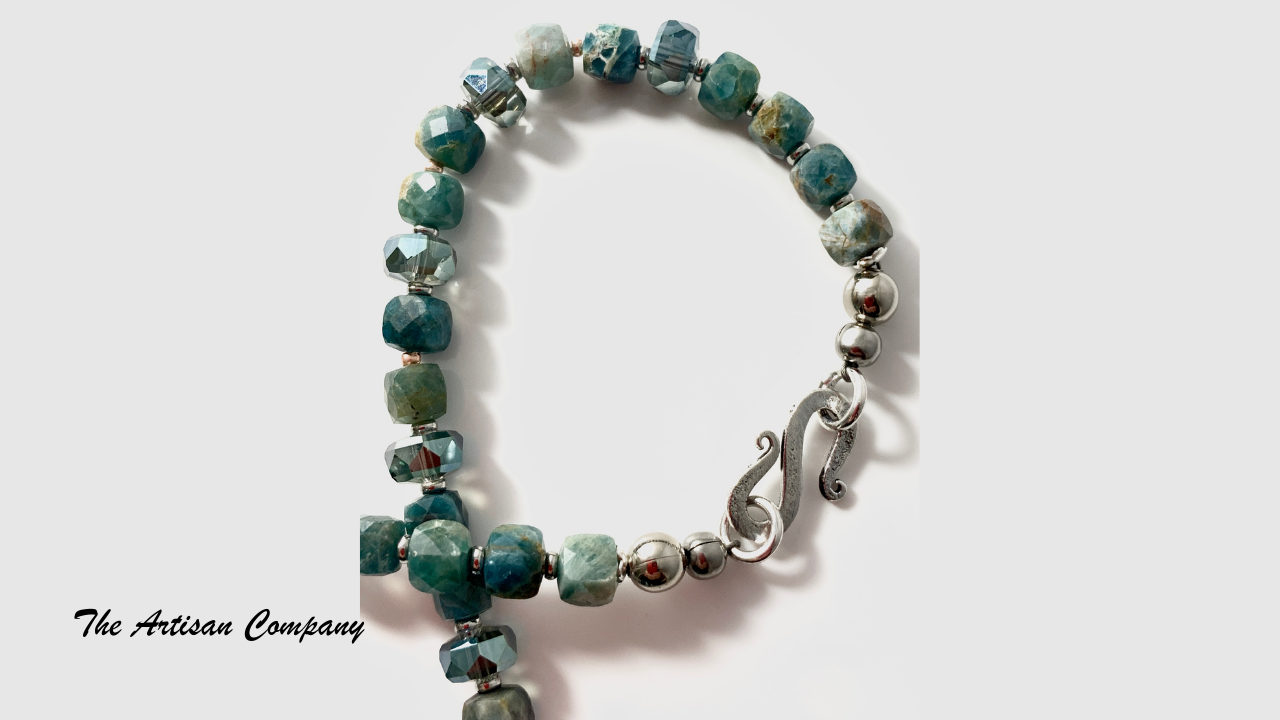 Blue Apatite Stone and Cut Glass Necklace with Earrings