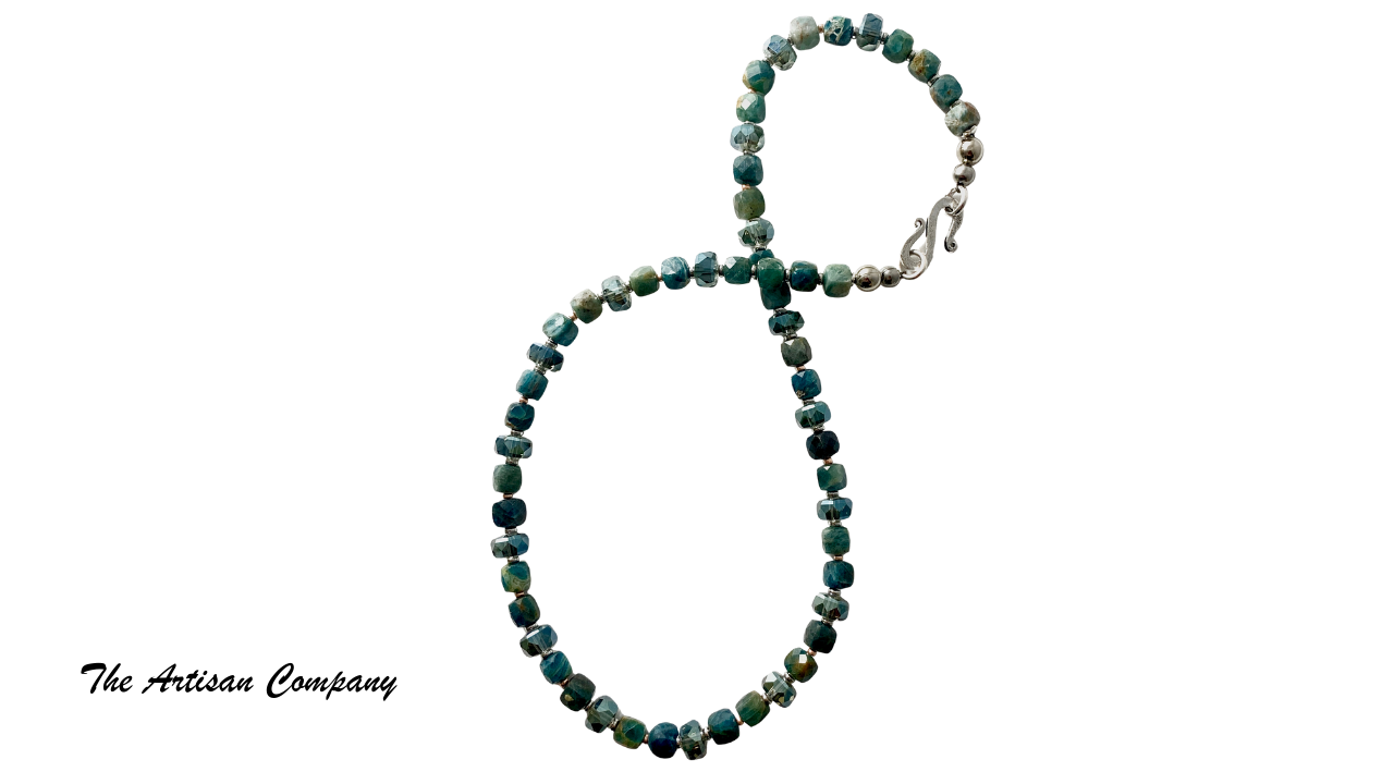 Blue Apatite Stone and Cut Glass Necklace with Earrings