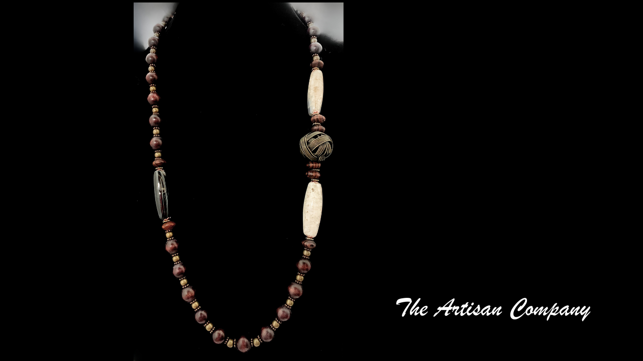 Agate Stone with Woven Brass Ball Necklace