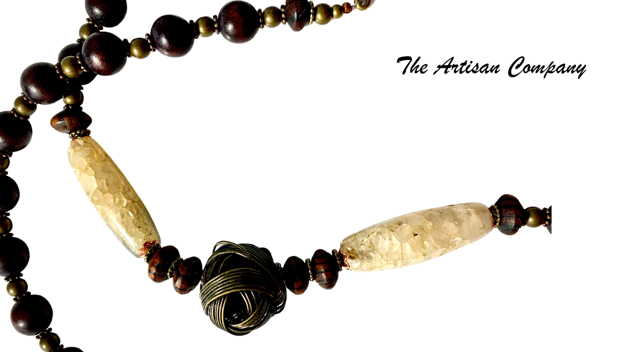 Agate Stone with Woven Brass Ball Necklace