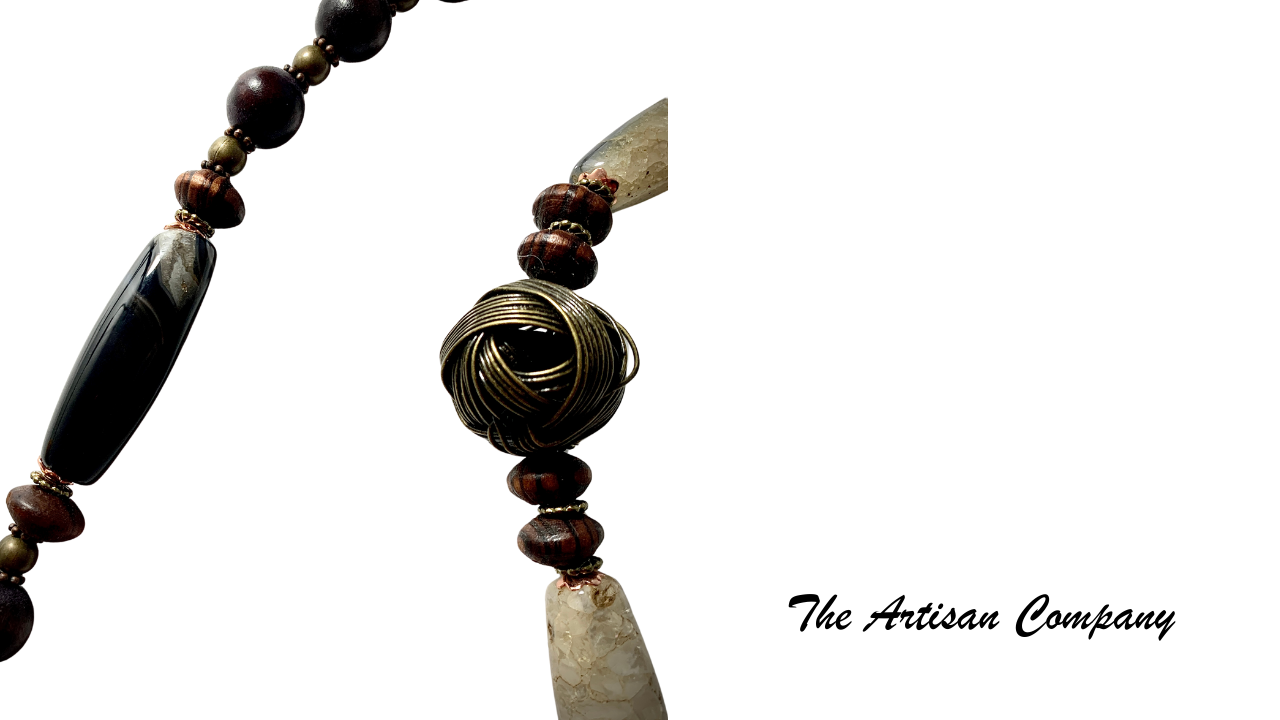 Agate Stone with Woven Brass Ball Necklace