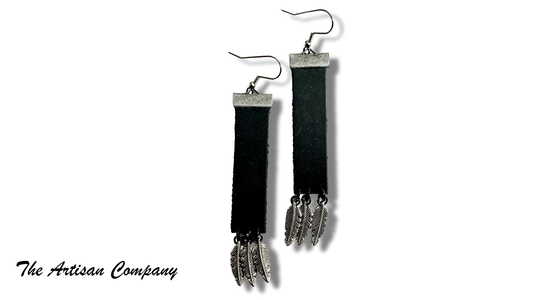 Black Leather & Metal Feathers Earrings