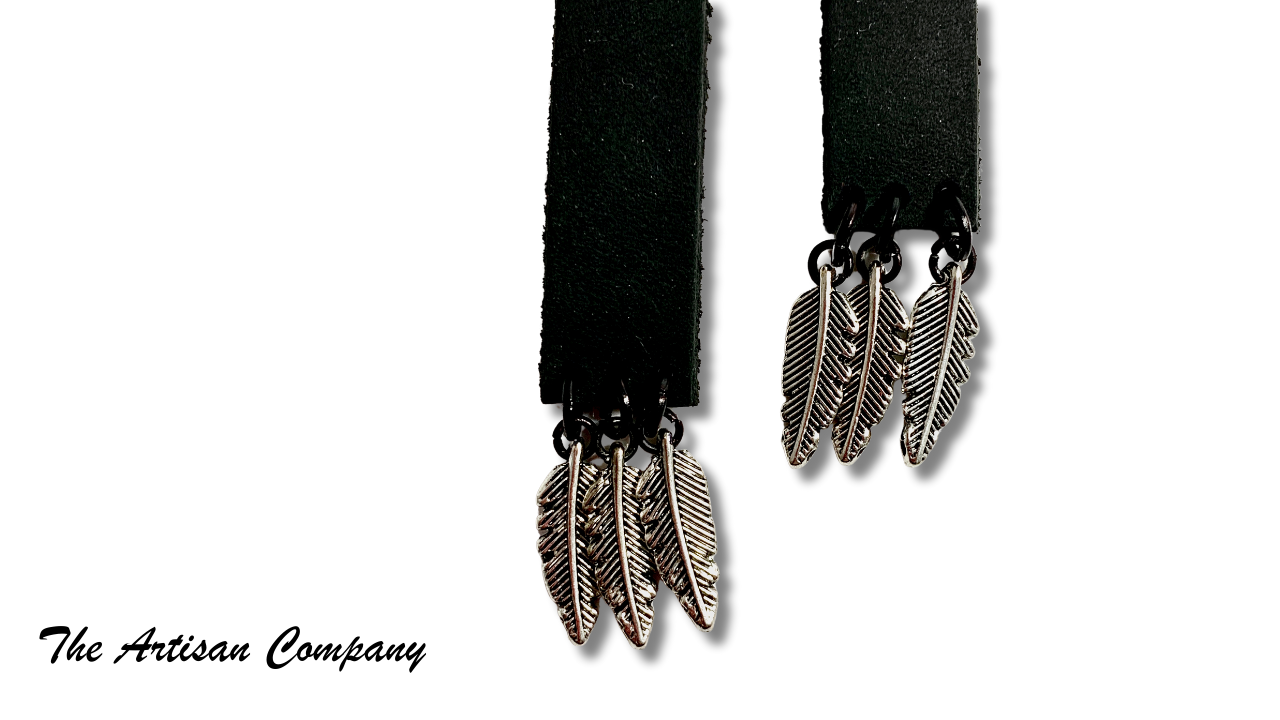 Black Leather & Metal Feathers Earrings