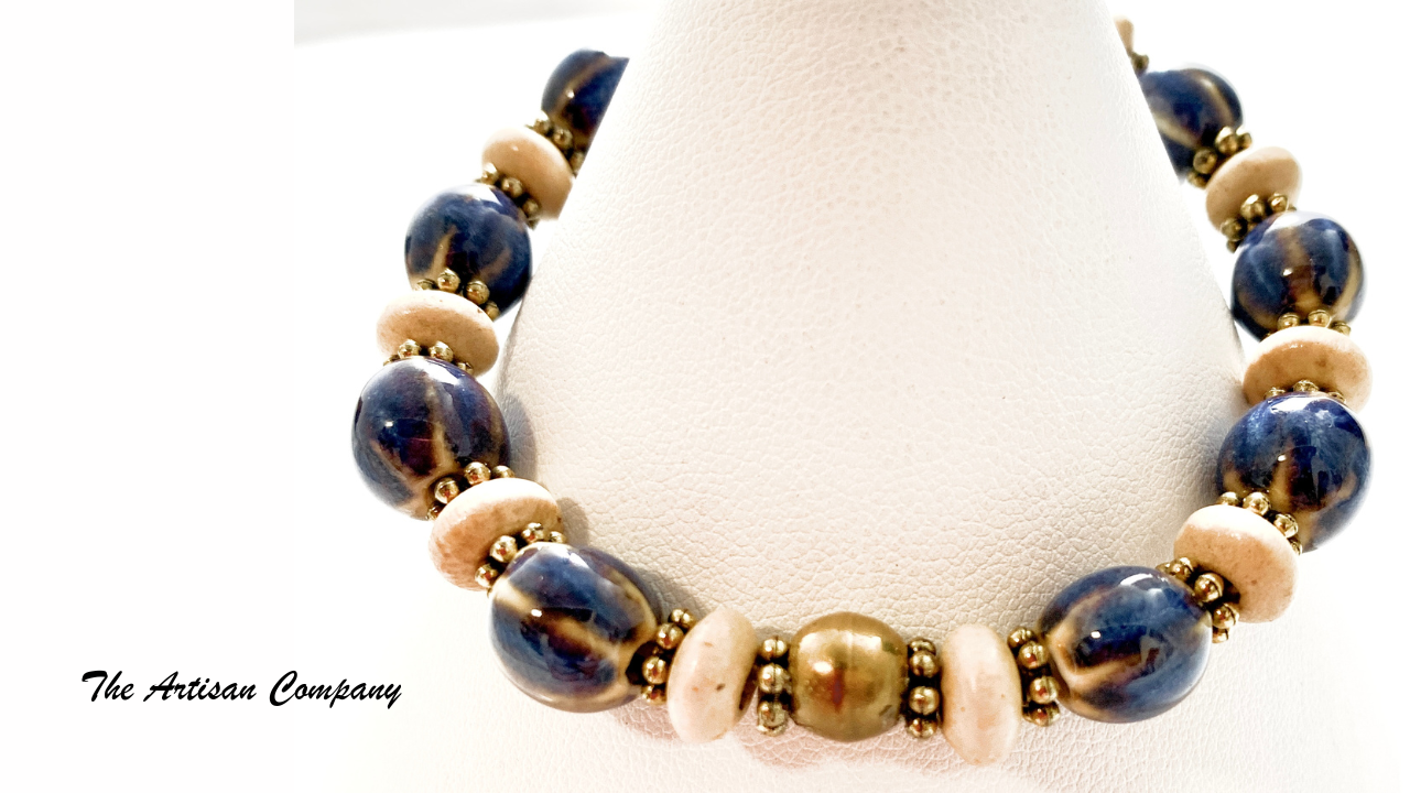 Blue Ceramic and Wood Bead Stretch Bracelet