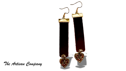 Brown Leather and Heart Earrings