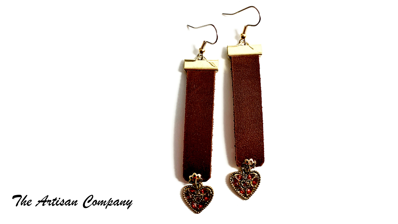 Brown Leather and Heart Earrings