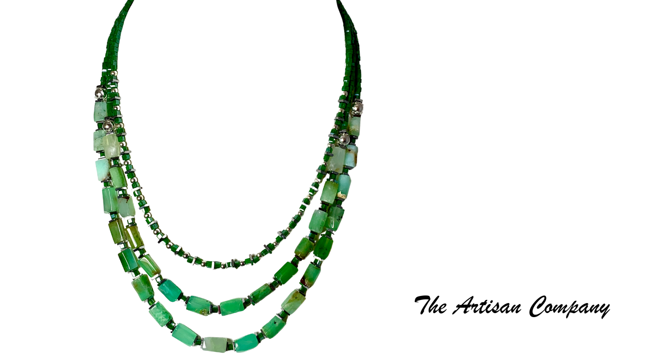 Chrysoprase Stone and Cut Glass Necklace with Earrings