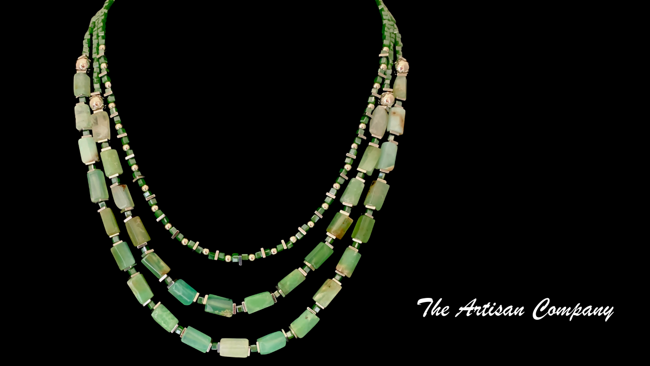 Chrysoprase Stone and Cut Glass Necklace with Earrings