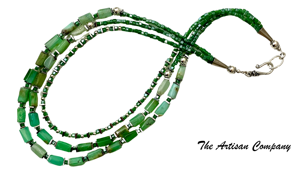 Chrysoprase Stone and Cut Glass Necklace with Earrings