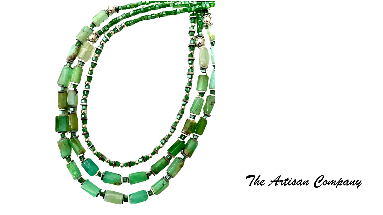 Chrysoprase Stone and Cut Glass Necklace with Earrings