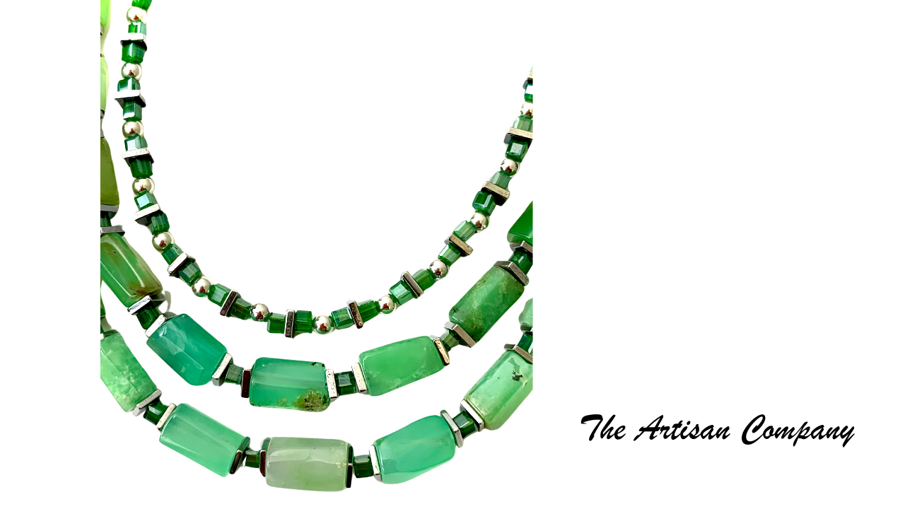 Chrysoprase Stone and Cut Glass Necklace with Earrings