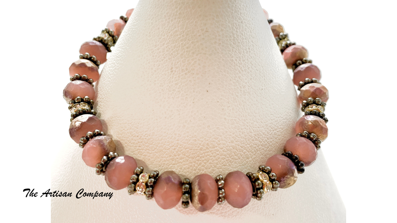 Copper Etched Dusty Rose Glass Bracelet with Rhinestones - Stretch