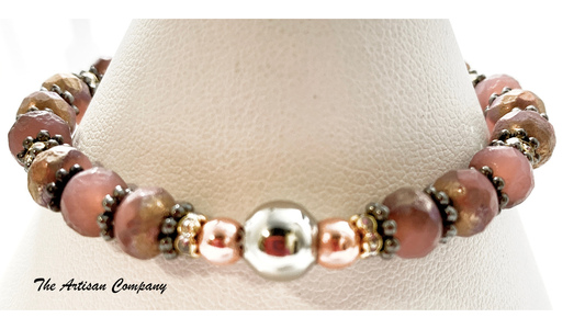 Copper Etched Dusty Rose Glass Bracelet with Rhinestones - Stretch
