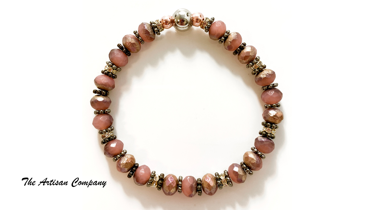 Copper Etched Dusty Rose Glass Bracelet with Rhinestones - Stretch