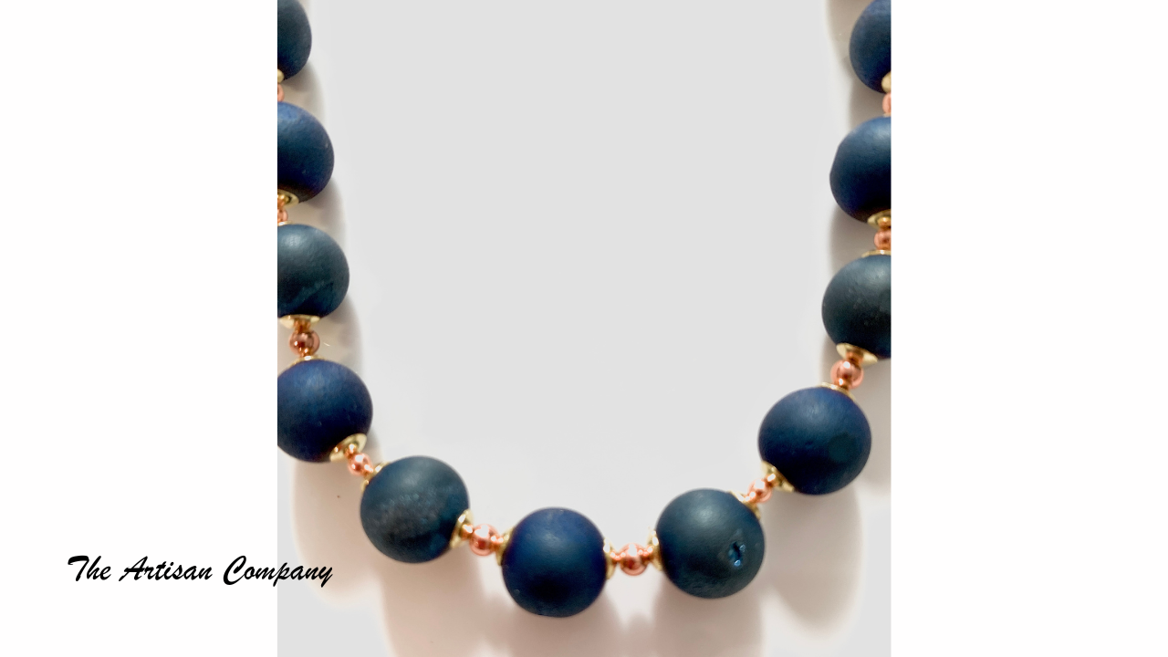 Dark Blue Druzy Agate Necklace with Earrings