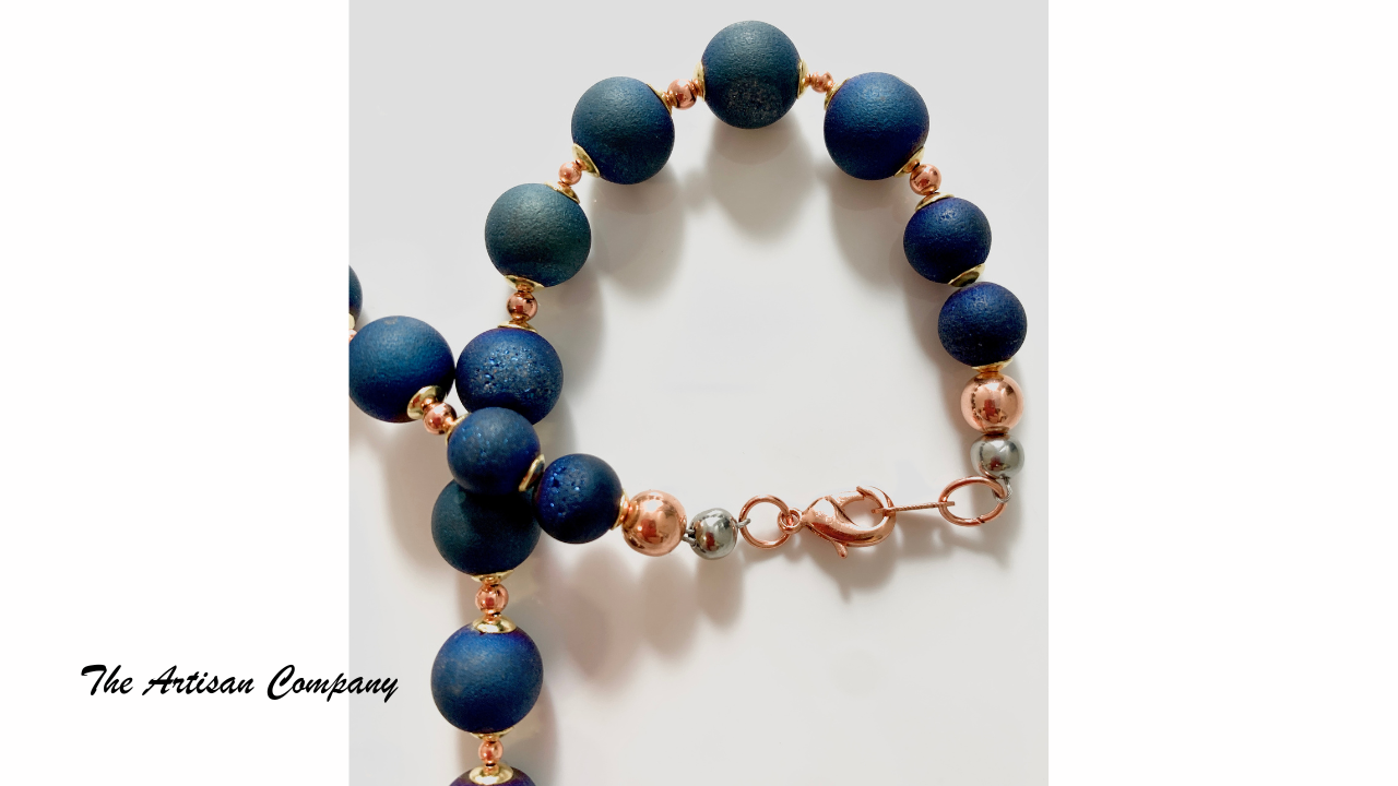 Dark Blue Druzy Agate Necklace with Earrings