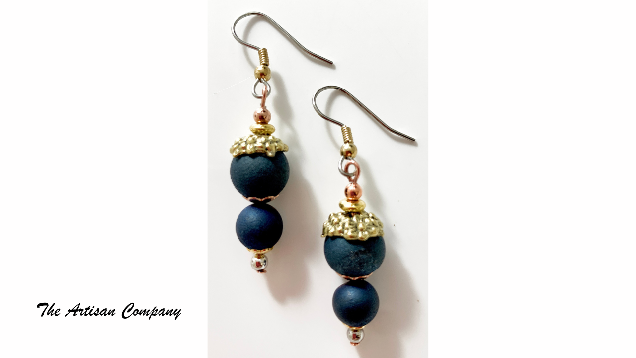 Dark Blue Druzy Agate Necklace with Earrings
