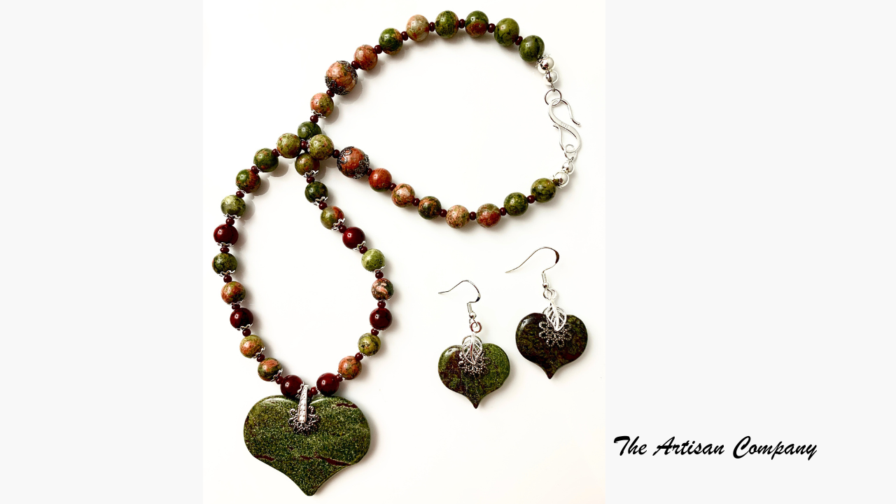 Dragons Blood Jasper & Unakite Stone Necklace with Earrings