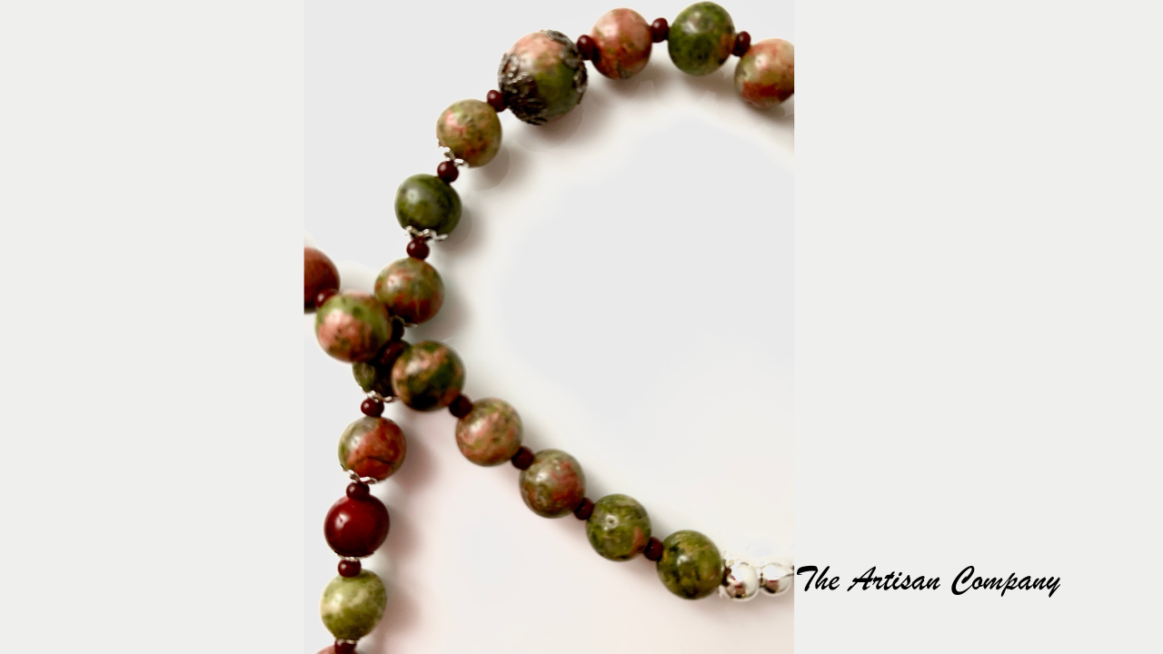 Dragons Blood Jasper & Unakite Stone Necklace with Earrings