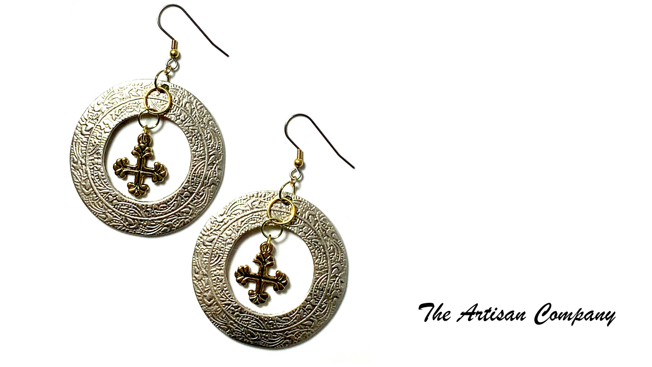 Filigree Metal Hoop with Pewter Cross Earrings