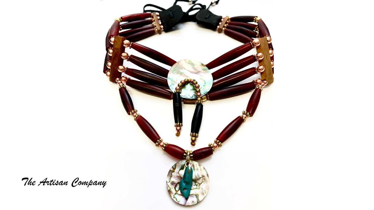 Traditional Native Four Strand Red Horn Choker with Abalone