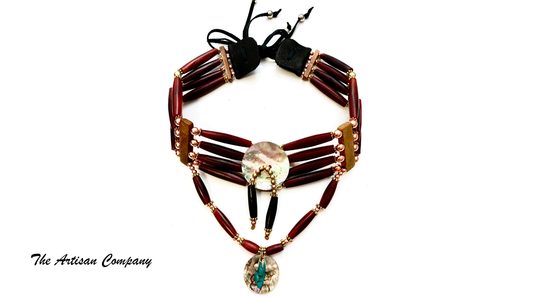 Traditional Native Four Strand Red Horn Choker with Abalone