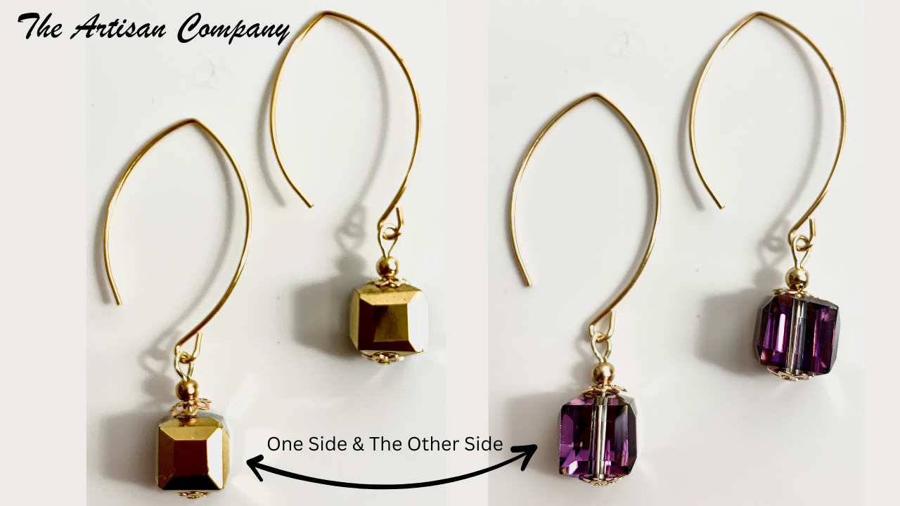 Gold and Purple Cut Glass Cube Earrings