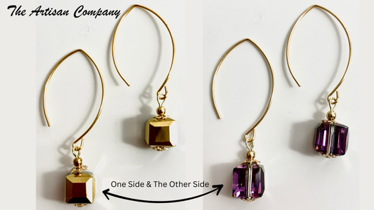 Gold and Purple Cut Glass Cube Earrings