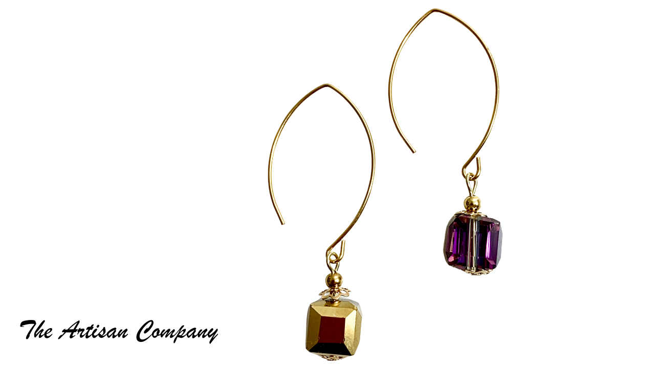 Gold and Purple Cut Glass Cube Earrings