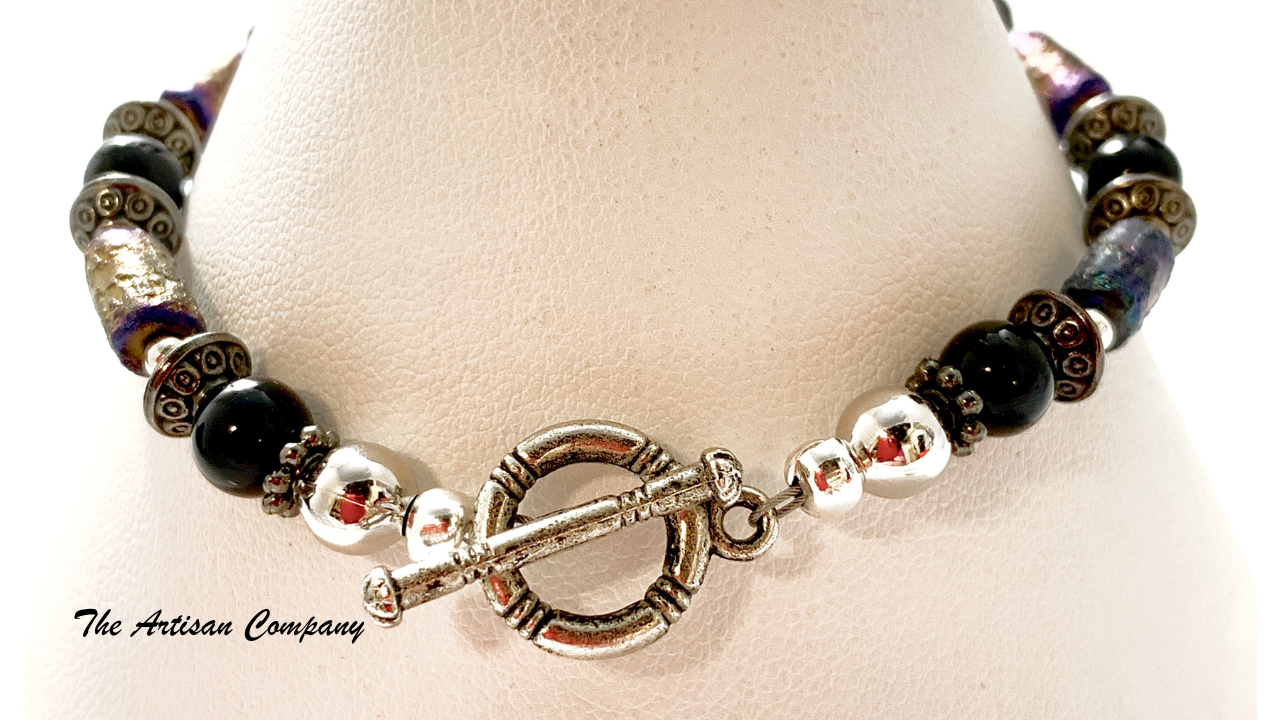 Gold Wash Purple Tube Bead Bracelet with Onyx