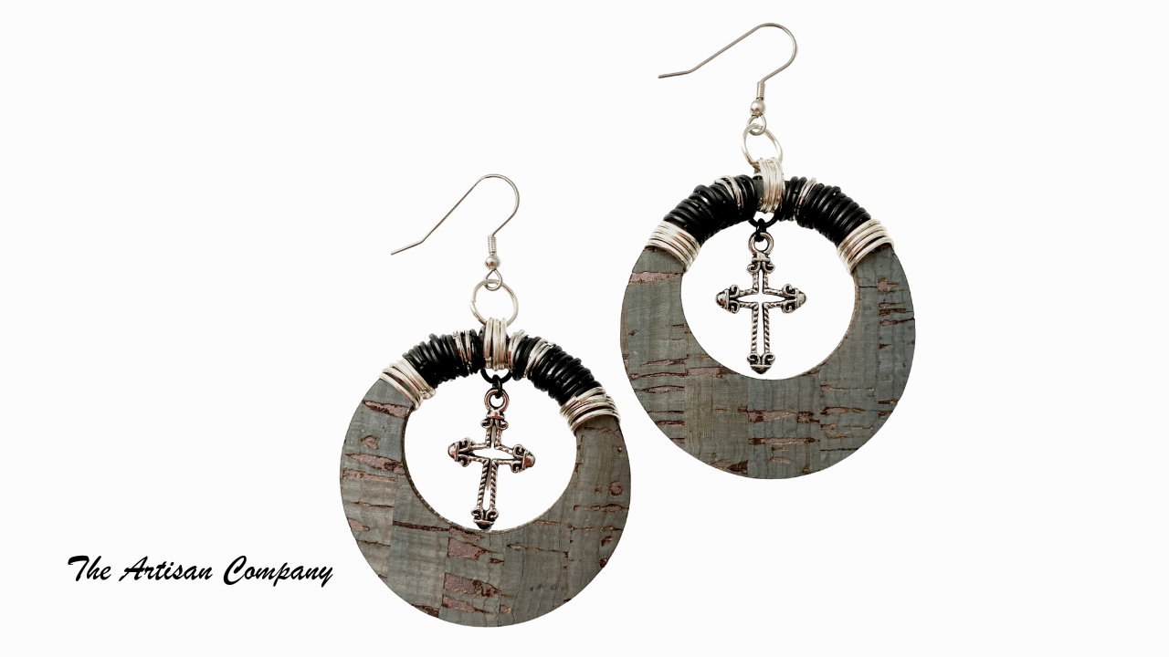 Gray Cork Hoops with Cross Earrings