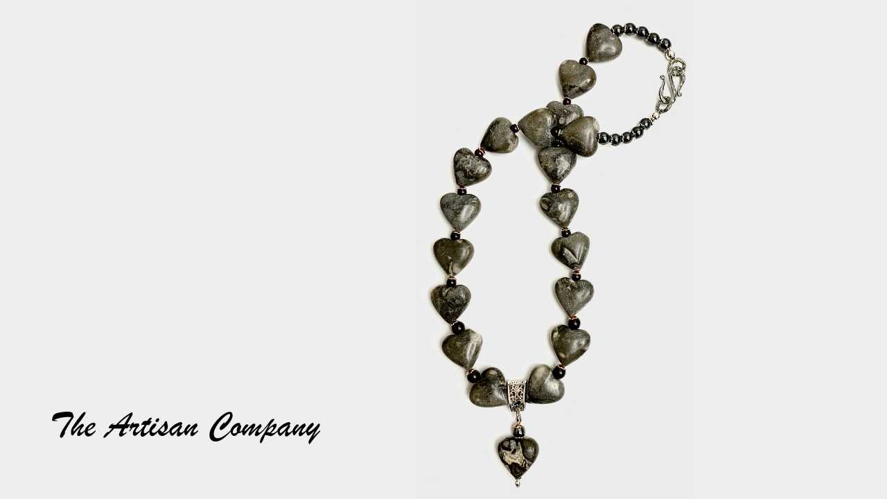 Gray Map Stone Jasper Heart Necklace - Madagascar