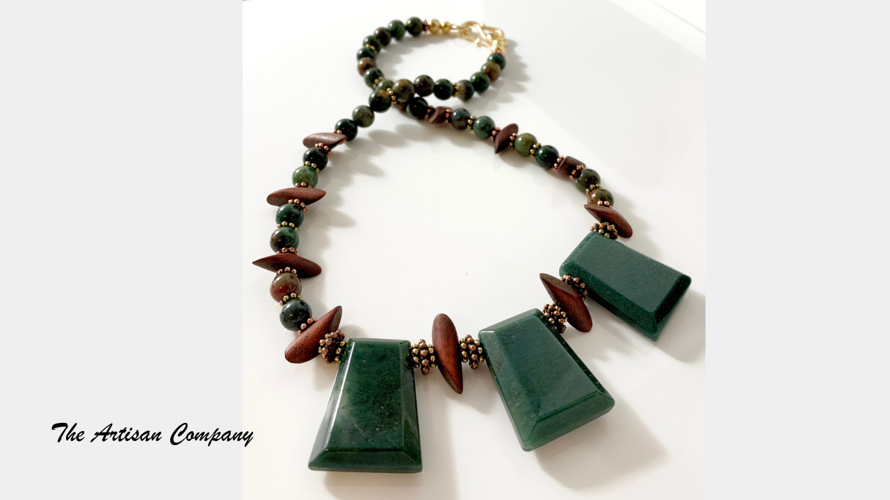 Green Agate Stone Necklace with Jasper and Wood