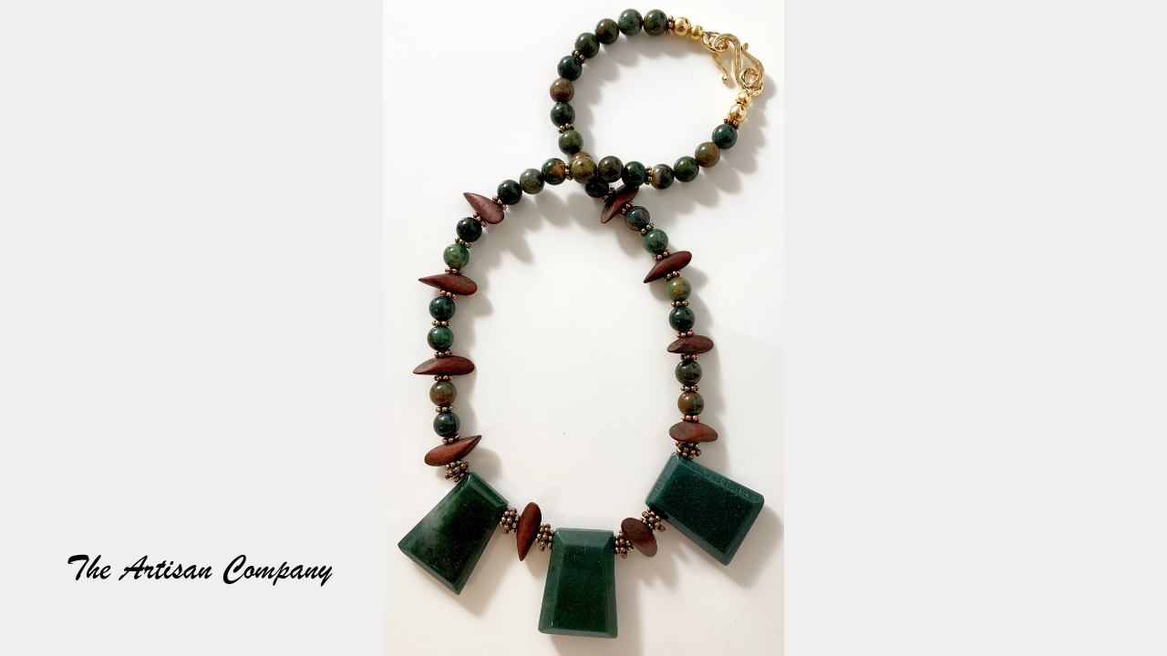 Green Agate Stone Necklace with Jasper and Wood