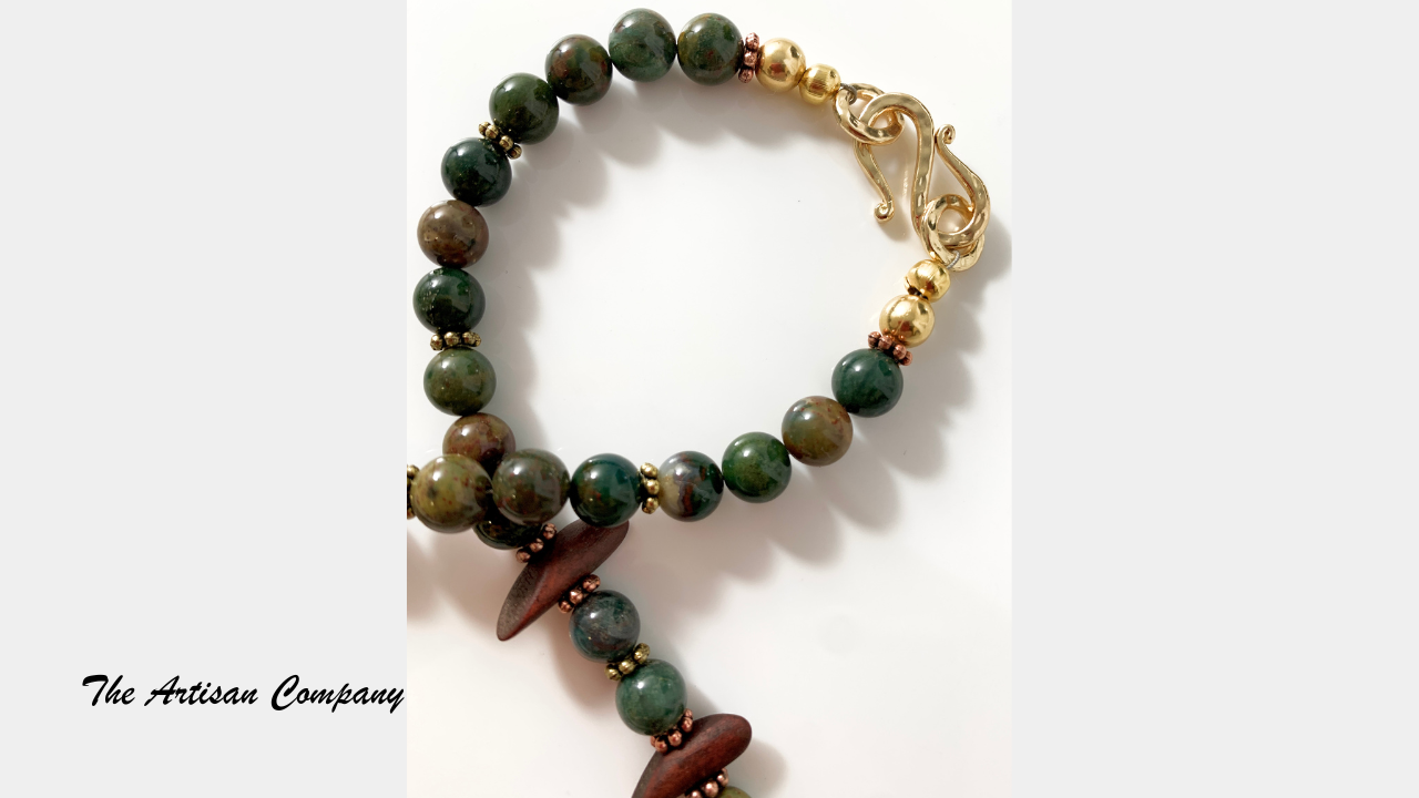 Green Agate Stone Necklace with Jasper and Wood