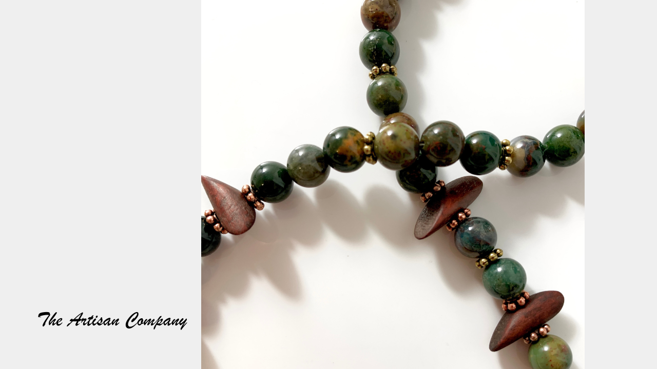 Green Agate Stone Necklace with Jasper and Wood
