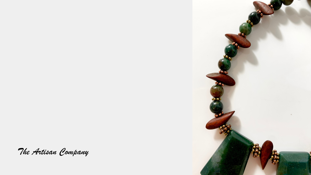 Green Agate Stone Necklace with Jasper and Wood